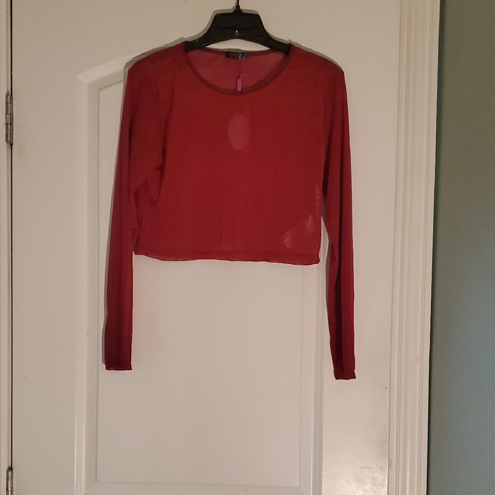 Sheer Burgundy Long-Sleeve Crop Top - Lightweight Layering